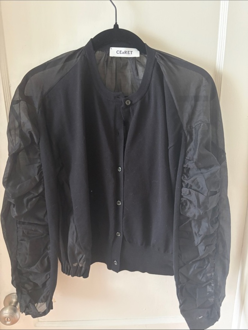 Black Sheer-Sleeve Button Cardigan